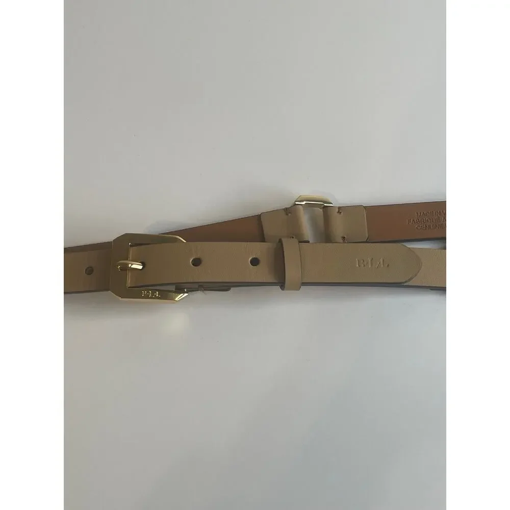 Lauren Ralph Lauren Women’s Tan Leather Belt Gold Square Link Connector M L
